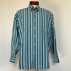 Tommy Hilfiger 80’s 2 Ply Fabric Green Blue & White Stripe Long Sleeve Size L